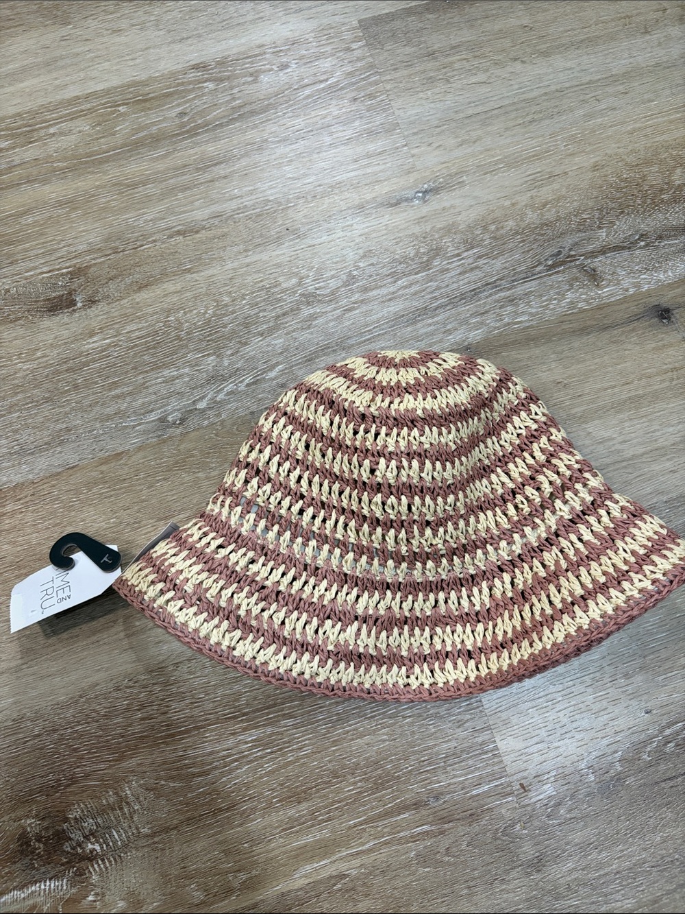 Striped straw Crochet Sun bucket Hat - Beige and dark pink